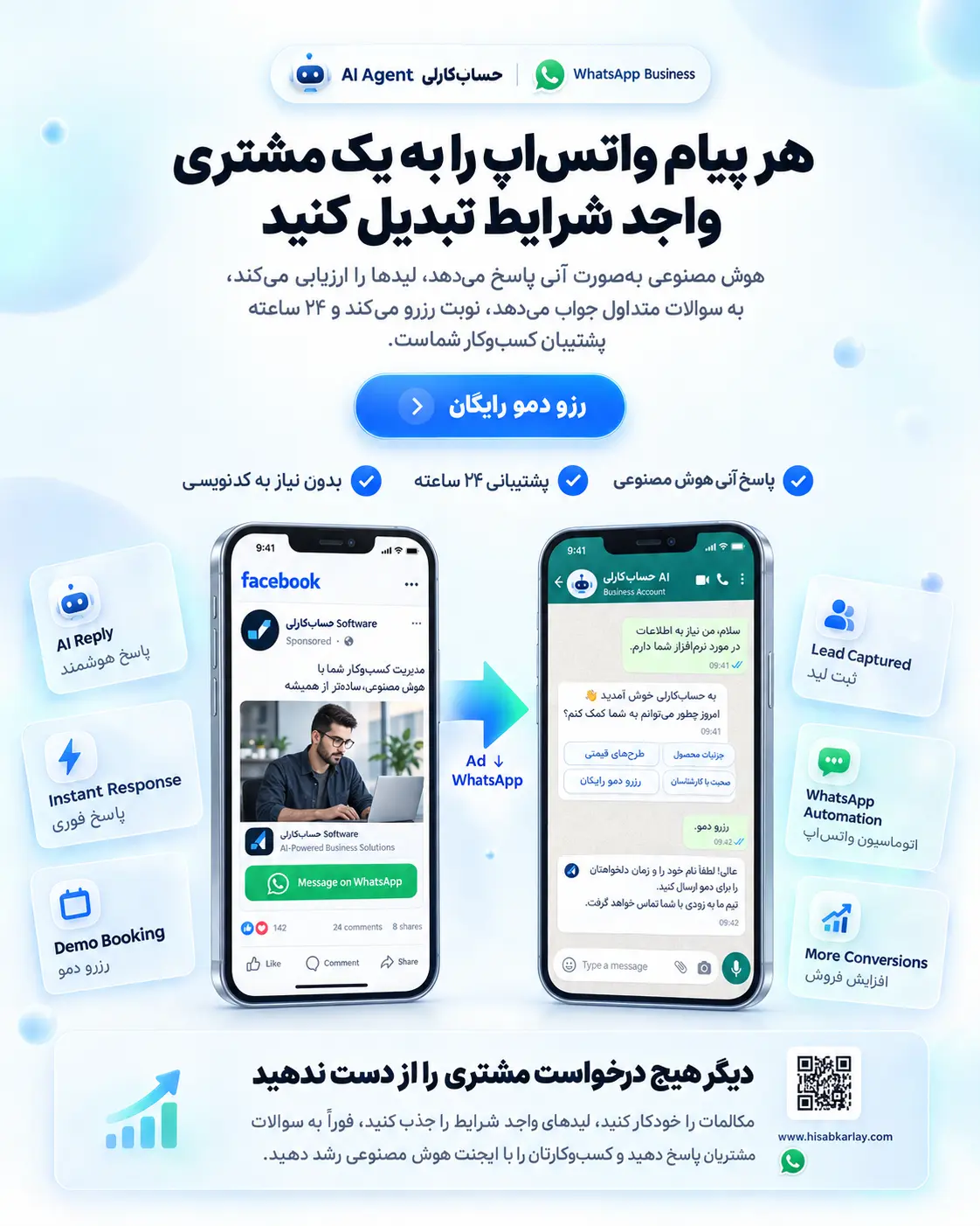 پوستر پریمیوم SaaS برای اتوماسیون فروش واتس‌اپ با موکاپ آیفون